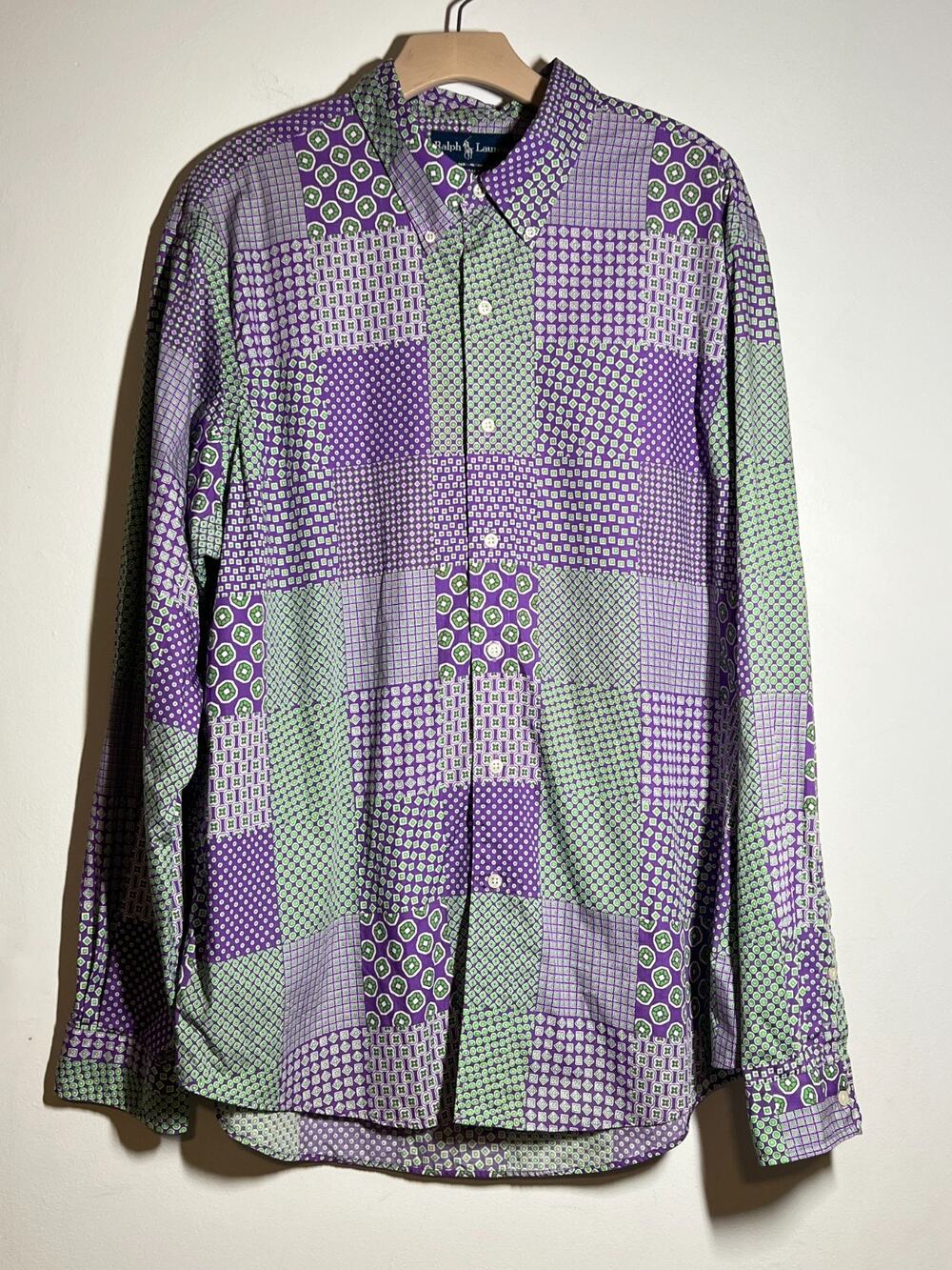 Ralph Lauren Men Custom Fit Purple Green Patchwork Long Slv Button Down Shirt XL